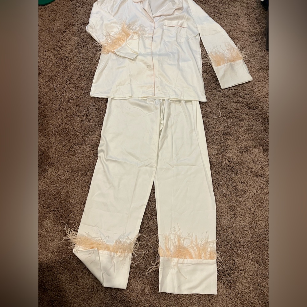 Luxury Feather-Trim Satin Pajama Set - Cream